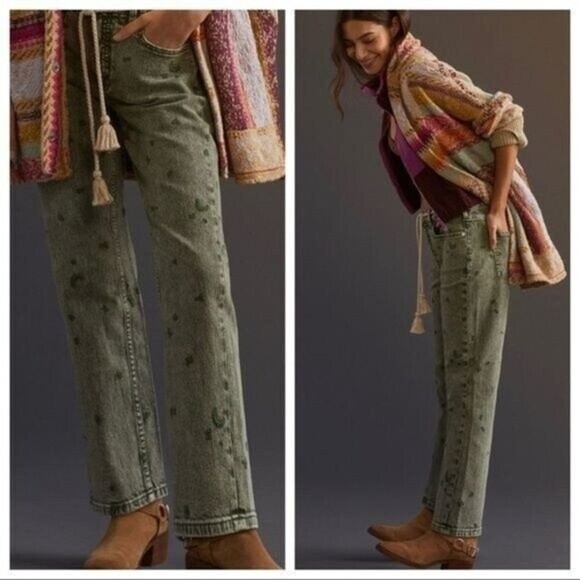 Pilcro Borrowed Boyfriend Jeans 29 Green Denim High Rise Embroidered Relaxed NEW - Picture 3 of 16